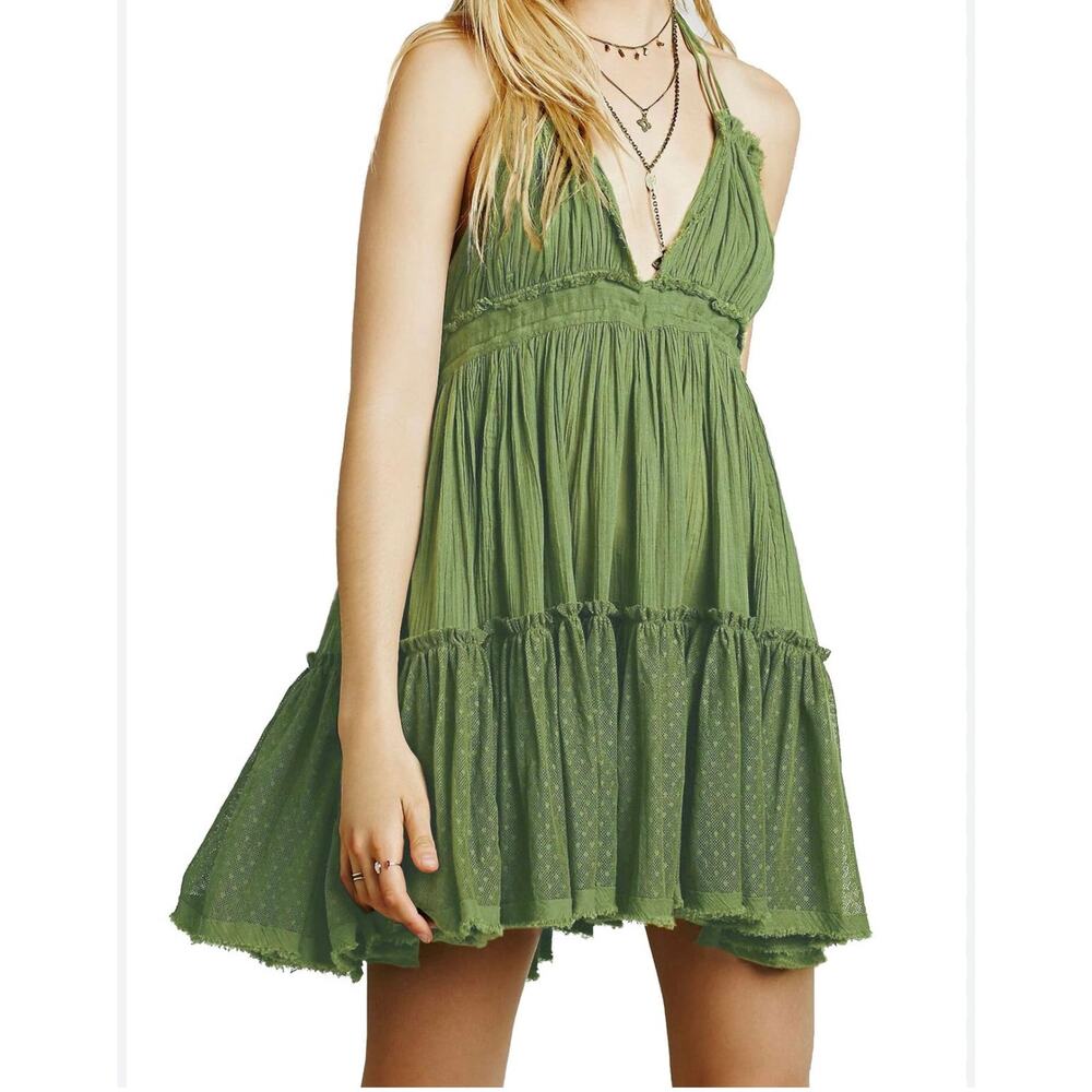 R.Vivimos Green Boho Patchwork Mini Dress Lace Open Back Medium